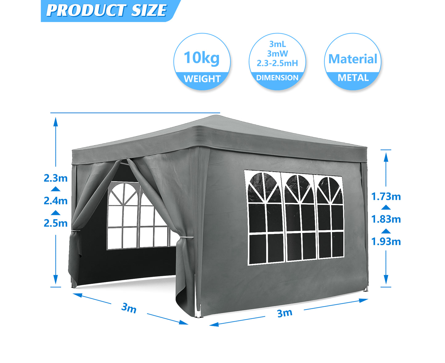 3X3 Pop up Marquee Outdoor Waterproof Canopy Tent Portable Gazebo with 4 Side Walls Shelter Grey