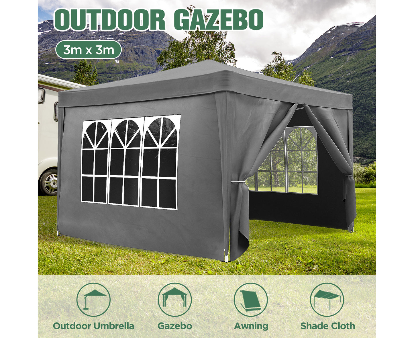 3X3 Pop up Marquee Outdoor Waterproof Canopy Tent Portable Gazebo with 4 Side Walls Shelter Grey